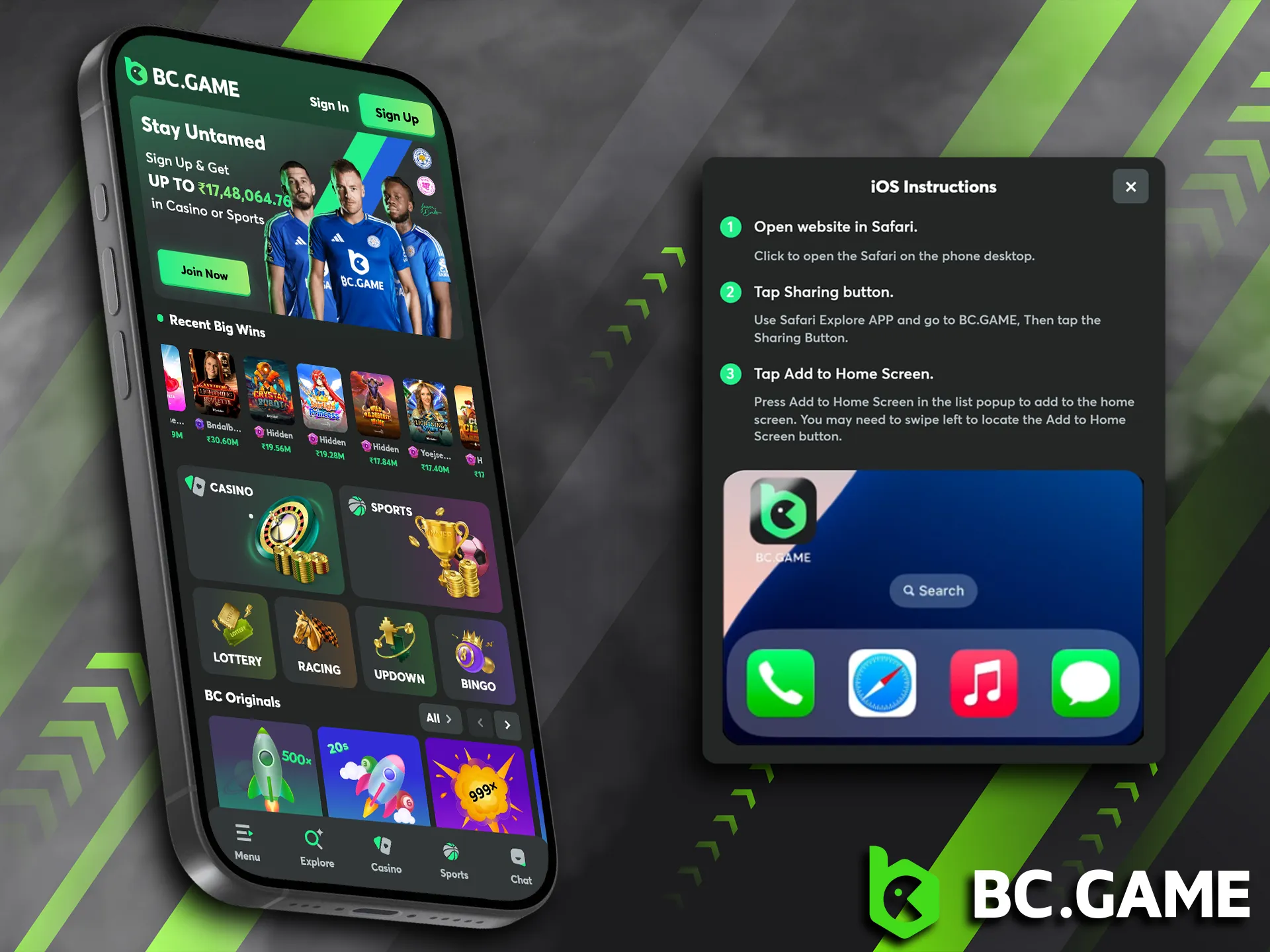 BC Game iOS users can access a PWA version without App Store download.