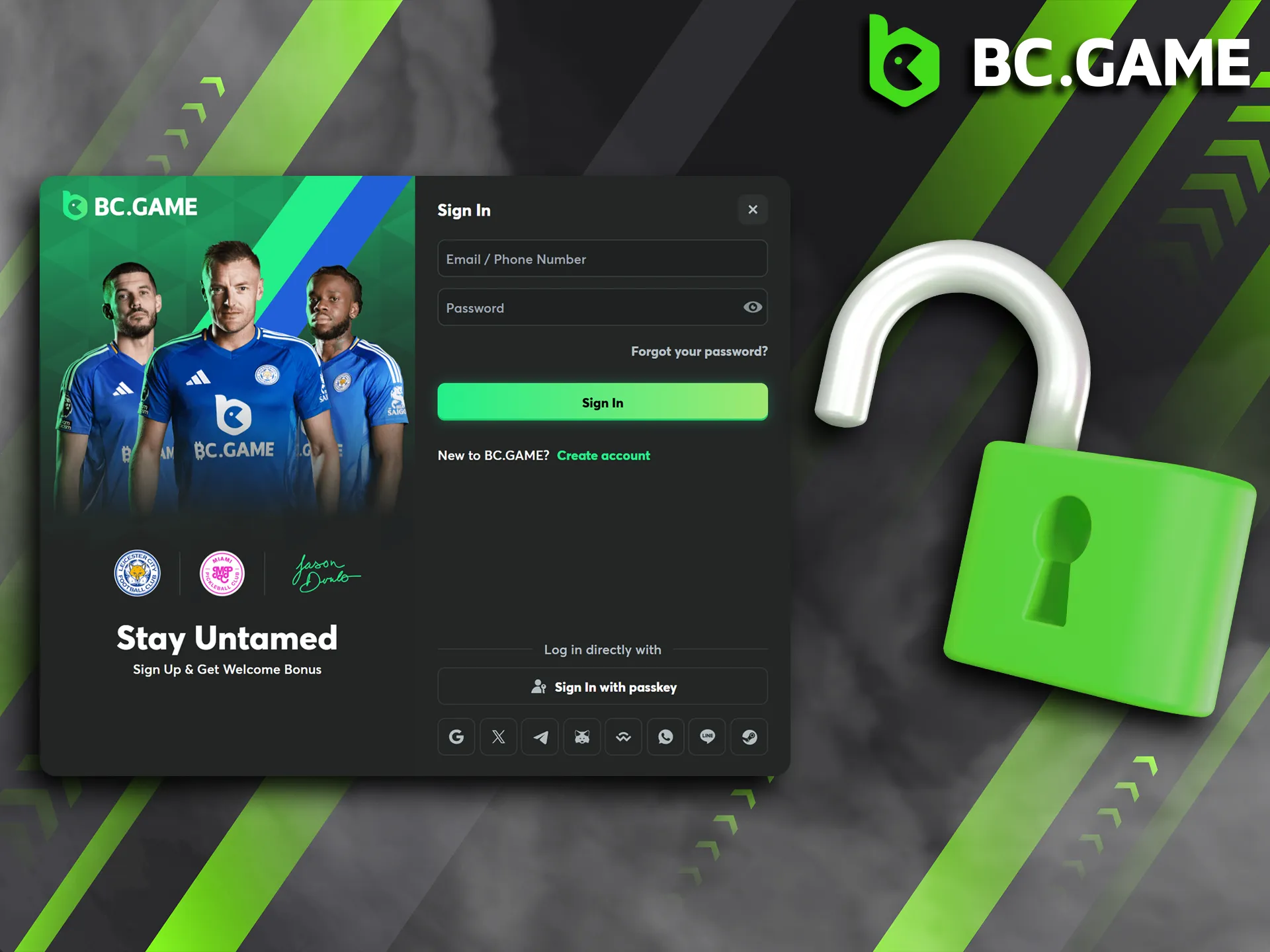 To log in to your BC Game account, use your username and password or log in via social media.