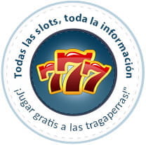 Logotipo de la página slots.info con tres sietes rojos con el borde amarillo dentro de un círculo de fondo azul. El 7 central es mayor que los otros dos, que estás ligeramente inclinados. En el logo se puede leer todas las slots; toda la información; ¡jugar gratis a las tragaperras! sobre otro círculo blanco de mayor tamaño que el azul.